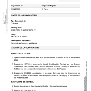 Convocatoria a Pleno sesión ordinaria, jueves 26 de marzo a las 19:30h